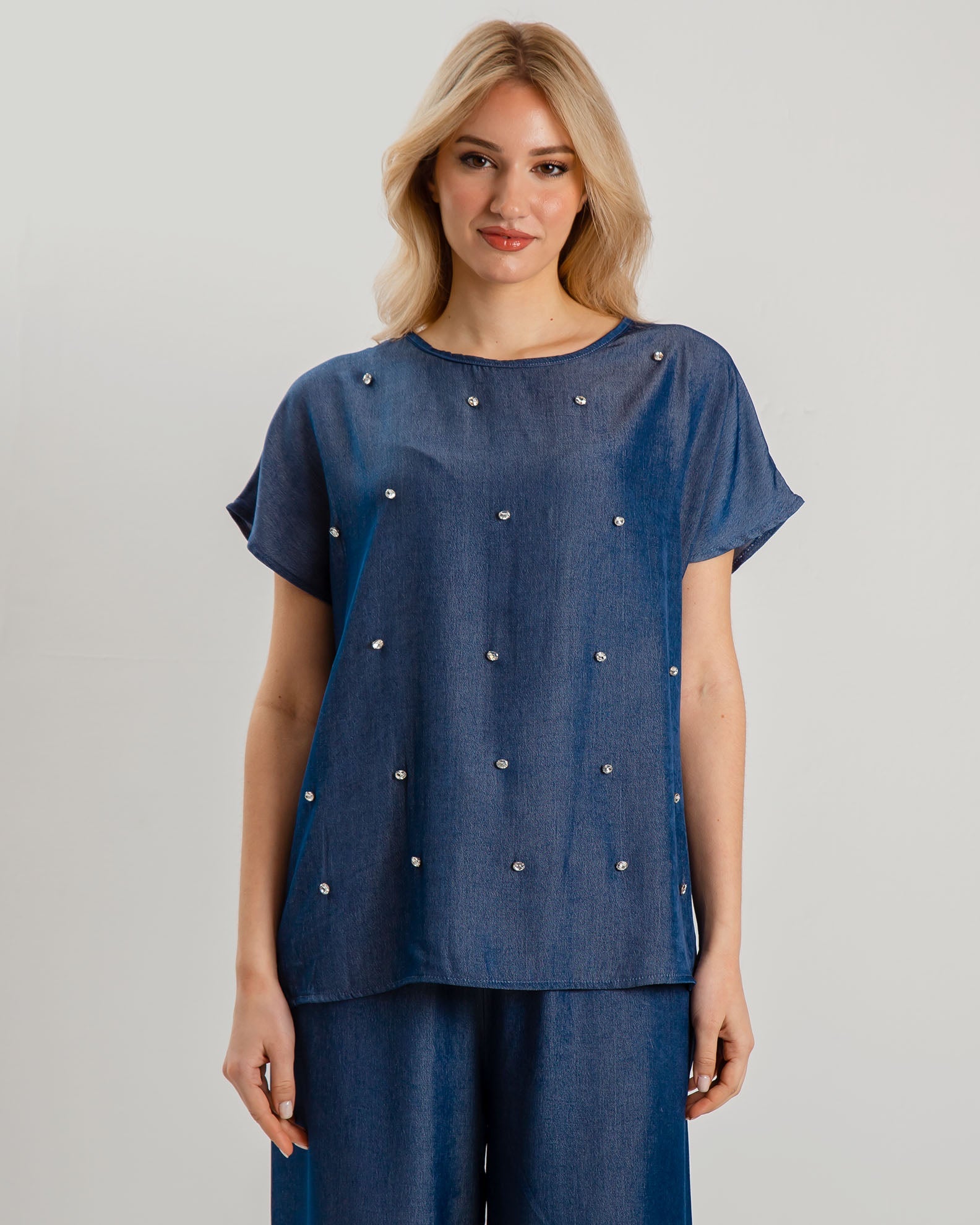 Women's loose short sleeve blouse with rhinestones F-6269-BLUE DENIM