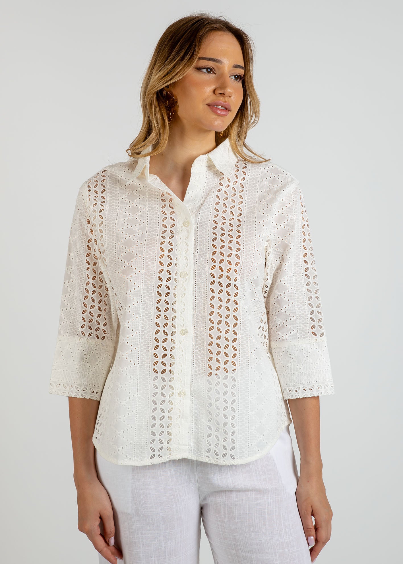 Γυναικείο κεντητό πουκάμισο 3/4 'Gela'-white desgn3