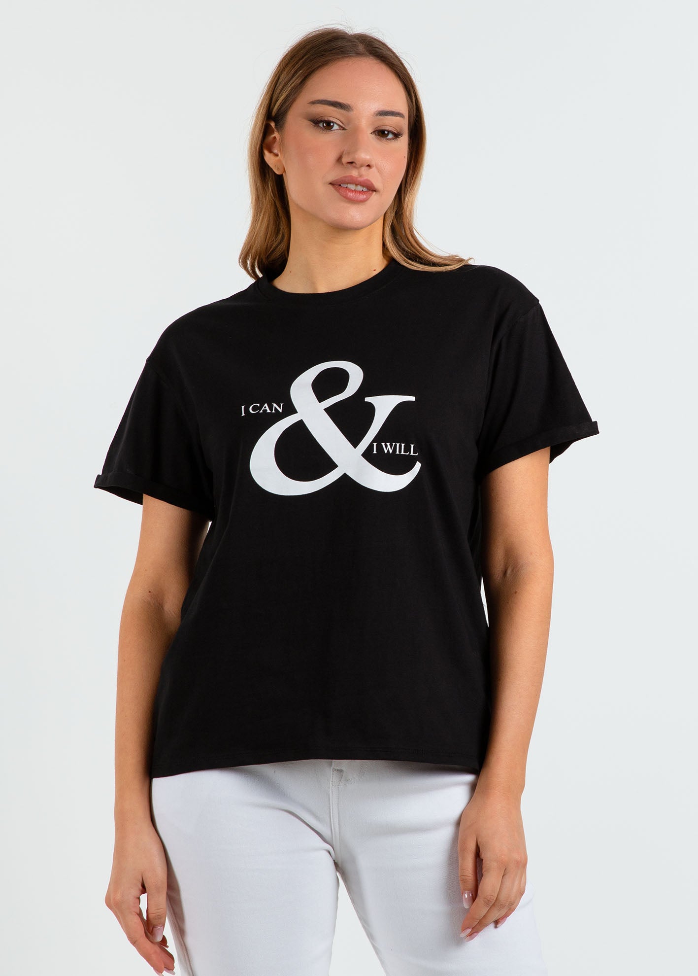 Γυναικείο t-shirt με τύπωμα 'Can & will'-BLACK