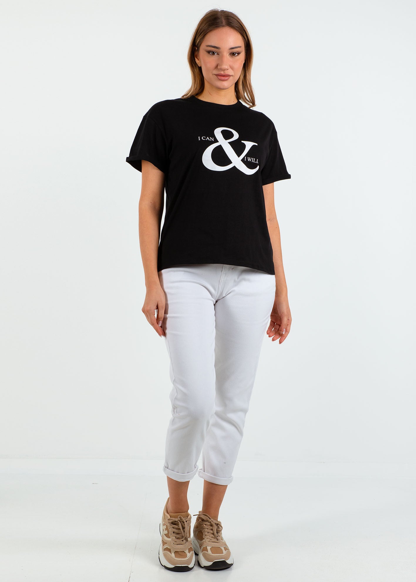 Γυναικείο t-shirt με τύπωμα 'Can & will'-BLACK