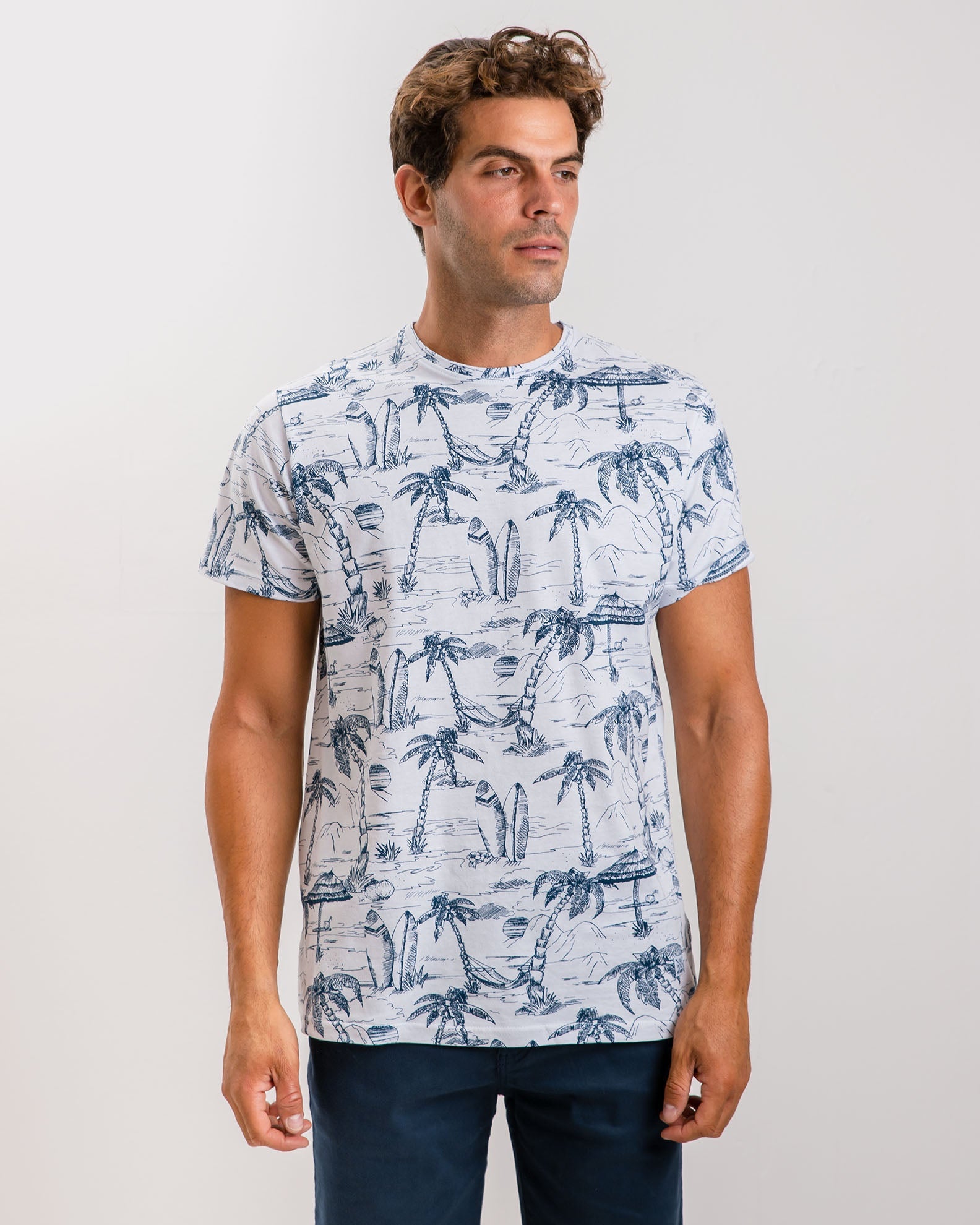 Men's short-sleeved shirt with 'Palms' print-WHITE